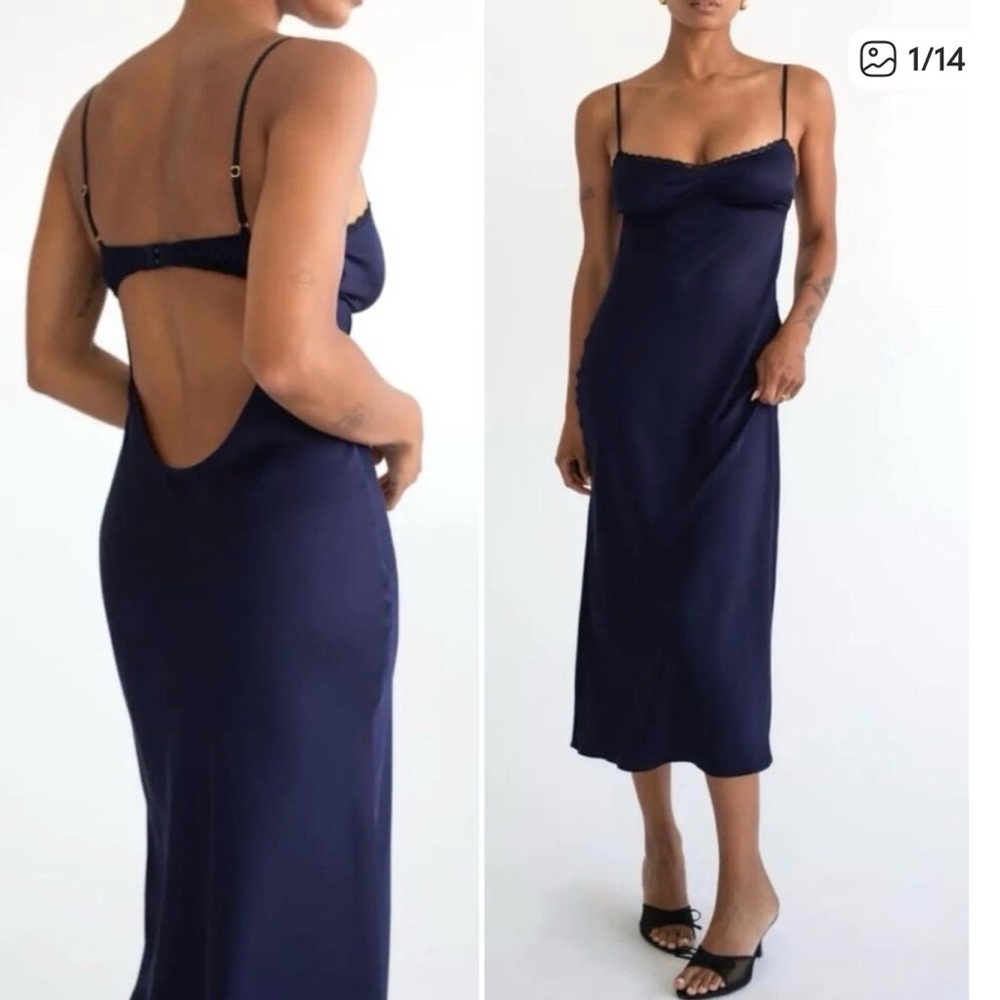 Reformation Navy Satin Backless Slip Dress